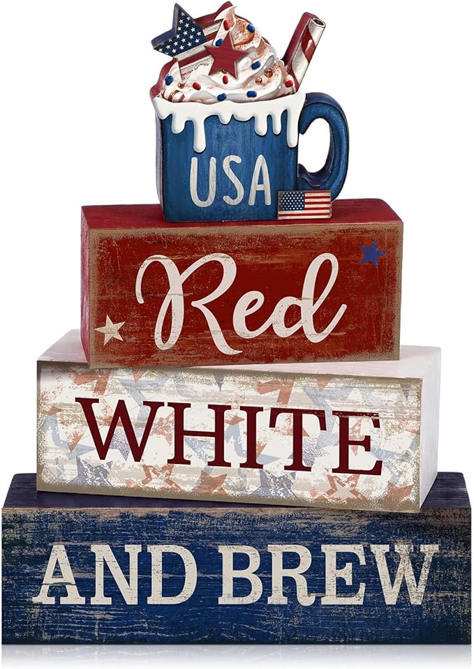 CroBlissful 4 Pcs 4th of July Decorations Patriotic Memorial Day Tabletop Decoration Red White Blue Table Centerpieces USA Coffee Sign for Office Tiered Tray Home Shelf 250th Anniversary