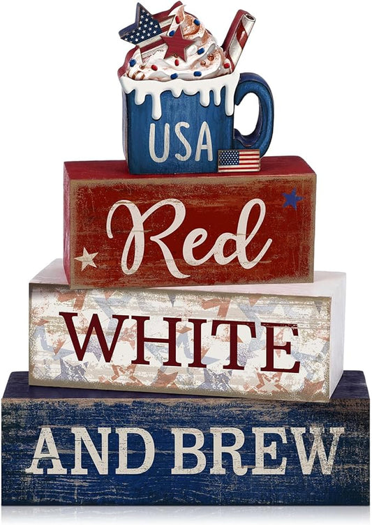 CroBlissful 4 Pcs 4th of July Decorations Patriotic Memorial Day Tabletop Decoration Red White Blue Table Centerpieces USA Coffee Sign for Office Tiered Tray Home Shelf 250th Anniversary
