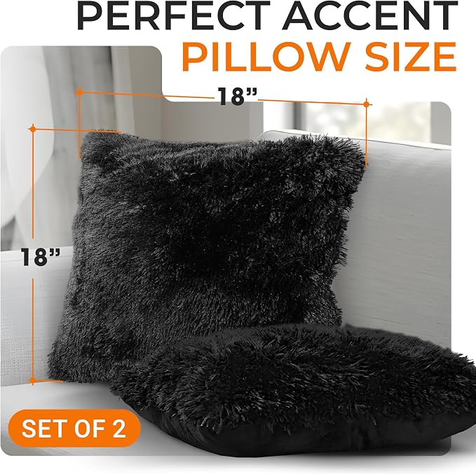 Cheer Collection Throw Pillows for Couch and Bed, Soft Shaggy Throw Pillows with Inserts Included, Cozy Long Hair Faux Fur Pillows - Set of 2-20" x 20" - Black