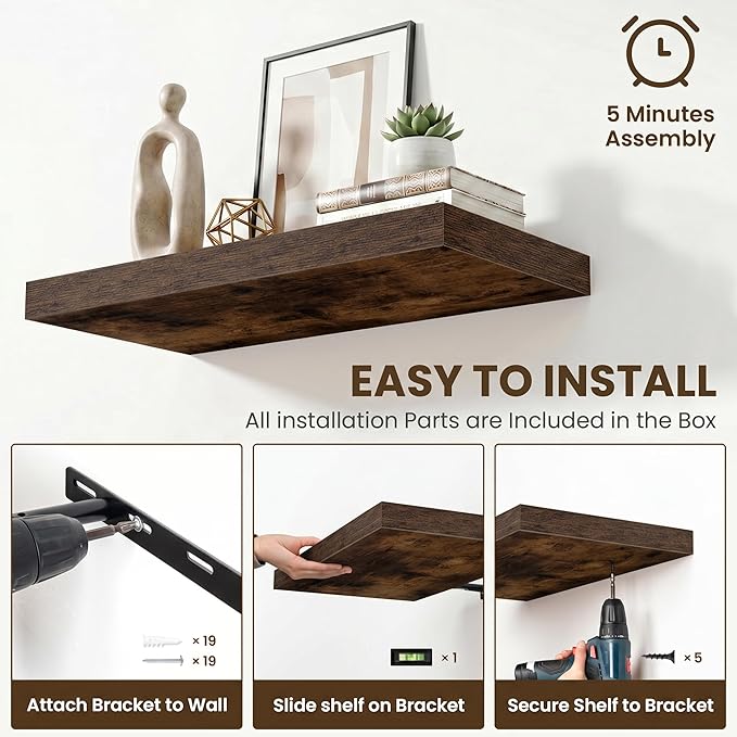 55 Inch Floating Shelves for Wall,12 Inch Deep Wall Shelves for Bathroom,Living Room,Bedroom,Decor,Floating Shelf with Invisible Heavy Duty Metal Bracket,Deep Long Shelf Wall Mounted,Rustic Brown