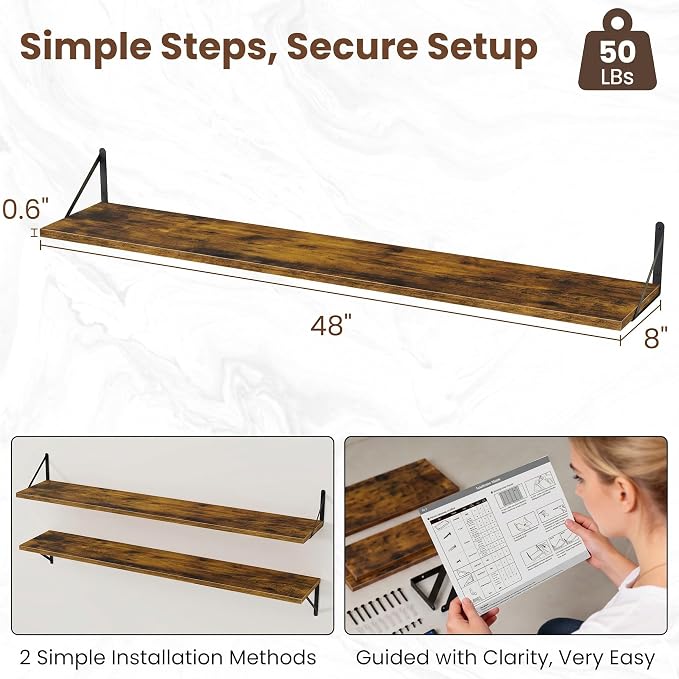 Vivelove Deep Floating Shelves for Wall, 48W x 8D Wood Wall Shelves Set of 2, Wide Floating Bookshelf for Living Room, Kitchen, Office, Bedroom and Decor Storage, with Metal Bracket - Rustic Brown