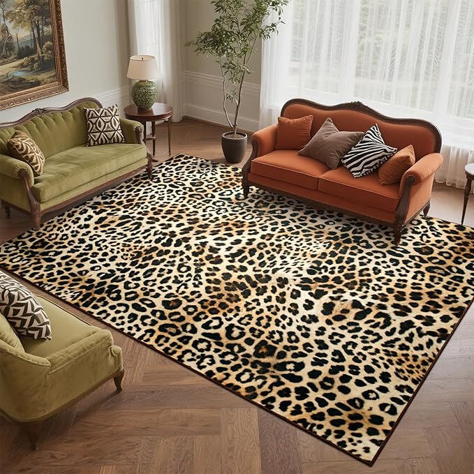 DweIke Leopard Print Rug for Living Room, Machine Washable 4x6 Cheetah Area Rugs for Bedroom, Non-Slip Low Pile Animal Hide Carpet with Rubber Backing for Dining Room Kitchen Home Decor,White Brown
