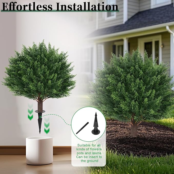 2Pack Artificial Cedar Topiary Ball Trees, 16'' UV Resistant Fake Evergreen Shrubs Bushes Plants with Ground Spike Fake Plants for Outdoor Indoor Front Porch Garden
