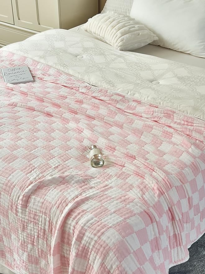 NIDITW Checkerboard Cotton Muslin Throw Blanket for Couch 6-Layer Checkered Gauze Blanket Soft Breathable All Season for Couch Bed Sofa (Pink, Throw)