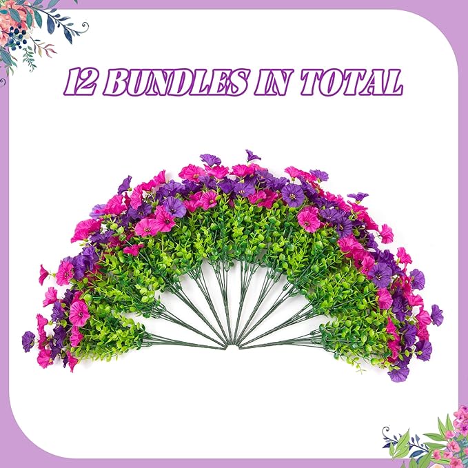 Hrobek Artificial Flowers for Outdoors, 12 Bundles Fake Plastic Flower Plant, UV Resistant Faux Colorful Silk Morning Glory Petunias for Spring Summer Outside Garden Porch Front Door Decor, Purple