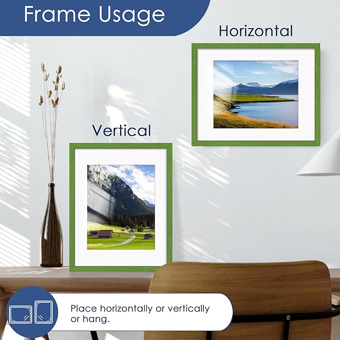 PEALSN 11x14 Picture Frame Set of 6, Display Pictures 8x10 with Mat or 11x14 without Mat for Wall Mounting or Table Top Display, Photo Frames Collage for Wall Decor, Green