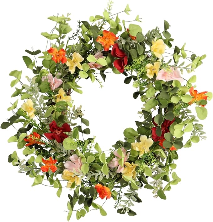 22IN Artificial Spring Summer Wreath with Wild Flowers & Silk Daisies Eucalyptus, UV Resistant, Colorful Wreath - for Spring Summer Indoor Outdoor Home Décor