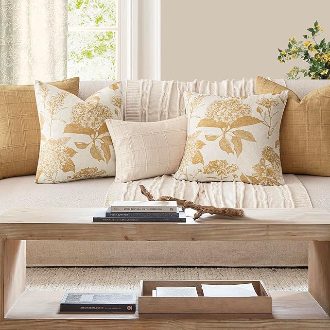 Foindtower Set of 2 Linen Floral Vintage Throw Pillow Covers Neutral Accent Print Decorative Cozy Cushion Covers Farmhouse Home Decor for Sofa Chair Couch Bed Living Room,18×18 Inch,Light Yellow