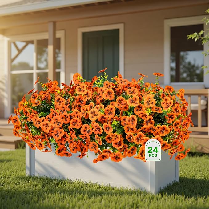 24 Pcs Artificial Fake Pansy Flowers for Outdoor,Faux Silk Plants Flowers UV Resistant Pansies Spring Flowers for Planter Front Door Porch Yard Patio Garden Window Box Home Decor(Orange)