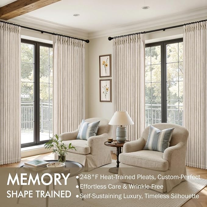 MIULEE Pinch Pleated Thick Linen Curtains 90 Inches Long 2 Panels for Living Room Bedroom, Memory Trained Drapes Pinch Pleat Back Tab Semi Sheer Privacy Neutral Ivory Cream Farmhouse Window Curtains