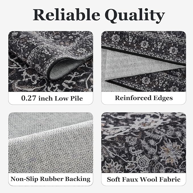 Large Rugs for Living Room 10x14, Vintage Dark Big Area Rug for Bedroom Dining Room, Washable Non Slip Low Pile Thin Room Rug for Dining Room Family Room, Farmhouse Earth Tone Midnight