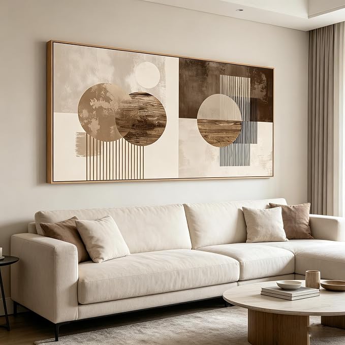 Sorbrozo Large Abstract Geometric Wall Art with Wood Colored Frame Mid Century Modern Boho Sun and Moon Canvas Painting Neutral Earth Tone Pictures for Living Room 24x48 inch