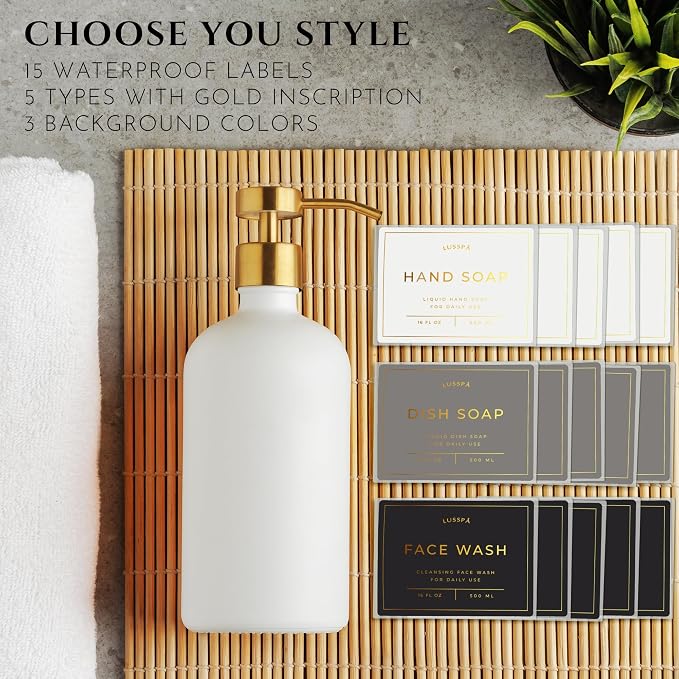 Glass Soap Dispenser Set of 2 (White) with Silicone Tray | Hand and Dish Soap Dispenser for Kitchen and Bathroom | 16.8 Oz Glass Bottles with Stainless Steel Pump & 15 Waterproof Labels (White/Gold)