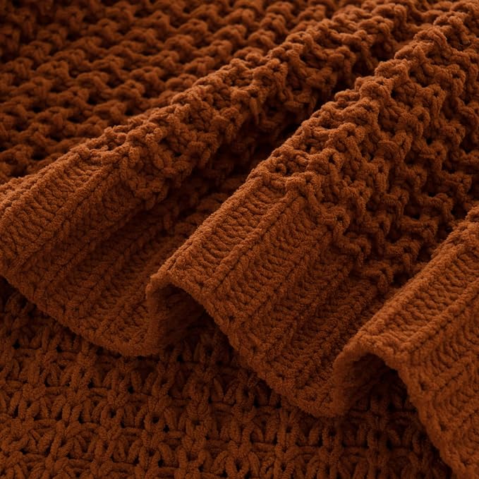 Bunnikins & Clover Knitted Waffle Blanket Throw, Fall Throw Blanket for Home Decoration, Caramel Throw Blanket for Couch, 60"x80"