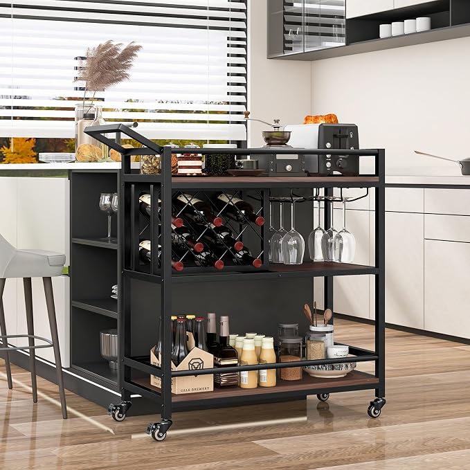 GOFLAME 3-Tier Bar Cart, Industrial Serving Cart with Wine Racks & Glass Holders, Convenient Handle, Rolling Beverage Cart with Metal Frame for Kitchen, Dining Room, Living Room, Brown