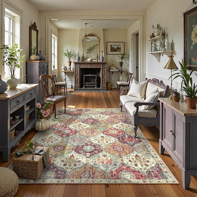 Lahome Moroccan Machine Washable Rugs for Living Room, 4x6 Rug for Bedroom Non-Slip Vintage Trellis Ultra-Thin Throw Carpet for Dining Room Office Nursery Elise, Orange/Terracotta