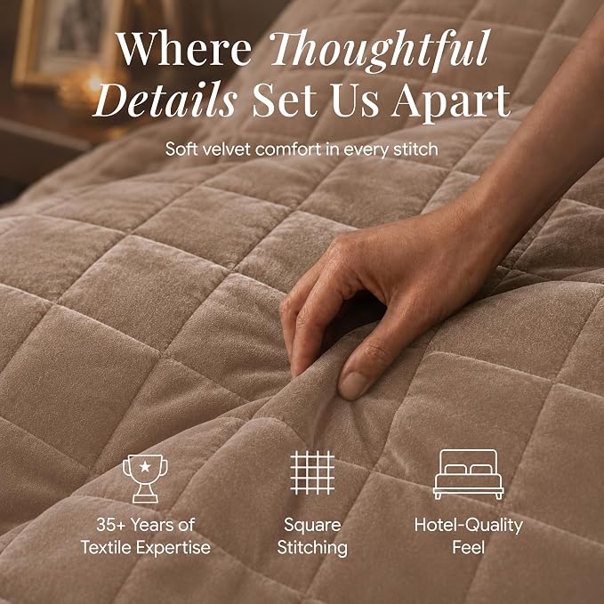 Tribeca Living Luxury Velvet Quilt Twin Size Set - 260GSM Ultra-Soft Oversized Velvet Bedspread Comforter Set with 1 Sham, in Florence Taupe
