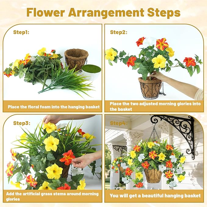 Artificial Flowers Hanging Baskets for Outdoors, 5PCS UV Resistant Faux Outdoor Plants, Fake Petunias Silk Flowers for Garden Balcony Yard Porch Decor (Yellow Orange White)