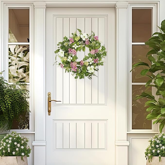YNYLCHMX 18" Spring Summer Wreaths for Front Door, Artificial Floral Wreath with Pink Hydrangea Green Eucalyptus Leaves, Green Foliage Wreath for Wall Window Farmhouse Party Holiday Home Decor