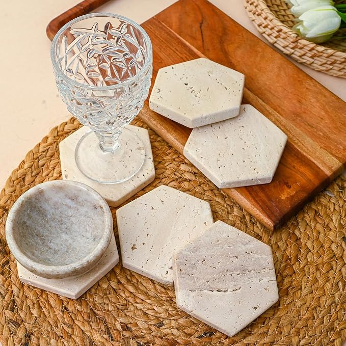 Perilla Home Handcrafted 3-4" Travertine Coaster - Set of 6 Hexagon Coaster for Home, Kitchen or Office,Natural Absorbent Coasters for Hot & Cold Beverages Perfect Table Accessories for Modern Living
