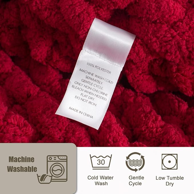 Chunky Knit Throw Blanket 50x60, 100% Handmade Chenille Yarn | 4.4lbs Soft Thick Cable Knitted Blankets, Large Rope Knot Crochet Throws for Couch Sofa Bed Christmas Fall Decor, Red
