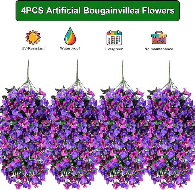 Grunyia 4 Pack Artificial Bougainvillea Hanging Basket Flowers – UV Resistant Fake Flowers with Silk Petals, Realistic Trailing Plants, Outdoor Indoor Wall Garden Home Wedding Decor