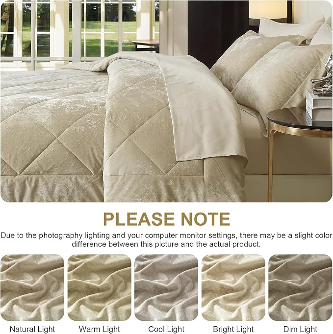 Ivellow Queen Comforter Set 7 Pieces Bed in a Bag Crushed Velvet Comforter Set Flannel Queen Beige Comforter Ultra Soft Breathable Luxury Soft Warm Winter Bedding Set with Sheets, Pillowcases & Shams