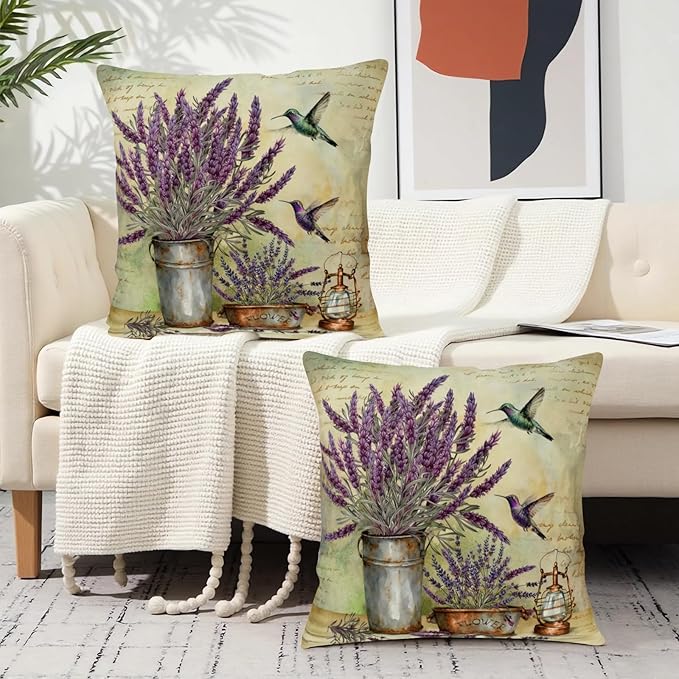 Lavender Pillow Covers Purple Flower Rustic Pillow Covers 24x24 Set of 2 Lavender Hummingbird Pillow Case Spring Vintage Cotton Linen Cushion Case for Garden Farmhouse Patio