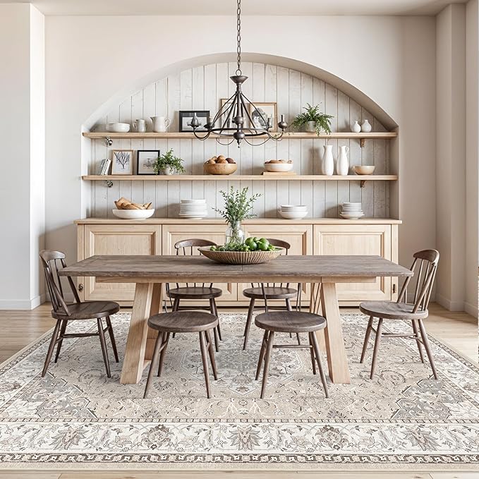 Washable Large 9x12 Area Rug - Living Room Oriental Non Slip Soft Rugs Indoor Low Pile Stain Resistant Carpet for Bedroom Dining Room Farmhouse Distressed Thin Home Decor Floor Mat (9x12 Beige)