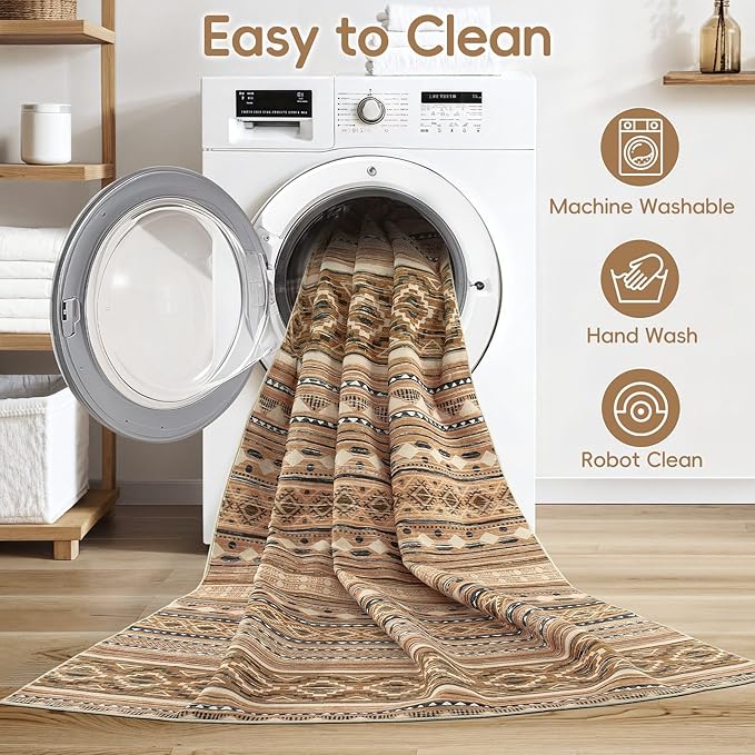 cotiled 8x10 Area Rug Living Room: Washable Boho Rugs with Non Slip Backing Large Soft Indoor Stain Resistant Carpet for Bedroom Farmhouse Dining Room Lightweight Home Decor Brown/Beige