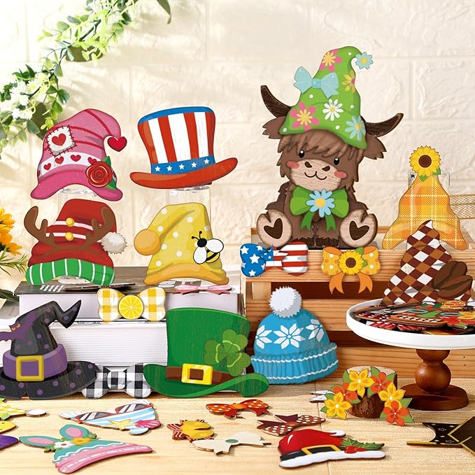 42 Pcs Interchangeable Highland Cow Graduation Gift Holiday Highland Cow Decor Seasonal Sign Farmhouse Rustic Wooden Desk Accessories Welcome Ornament Tiered Tray Decorations for Home Office