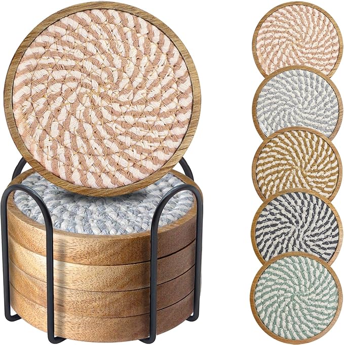 Eykao Coasters for Drinks Absorbent Sets of 5, Woven Coasters with Holder, Housewarming Gift for Farmhouse Home Decor, 4 inches (Colorful Series)