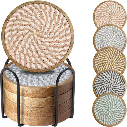Eykao Coasters for Drinks Absorbent Sets of 5, Woven Coasters with Holder, Housewarming Gift for Farmhouse Home Decor, 4 inches (Colorful Series)