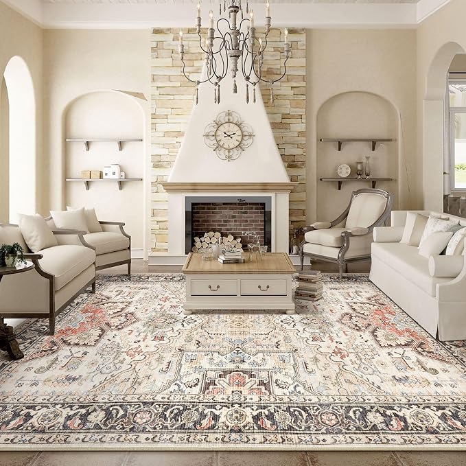 8x11 Area Rugs for Living Room - Large Carpet Ultra Thin Soft Washable Oriental Vintage Floral Distressed Rug Big Indoor Carpets for Bedroom Nursery Dorm Home Decor Aesthetic - Multi Color
