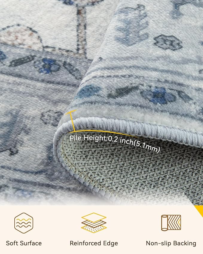 RELEANY Area Rugs 7ft Washable Non-Slip, Floral Vintage Distress Print Pattern Medallion Carpet for Living Room Bedroom Dining Room, Light Blue Navy Beige Gray White