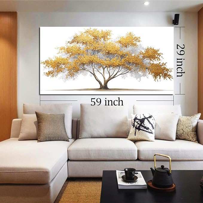 AOZEMI Tree Wall Art White Pictures Wall Decor Yellow Canvas Art for Living Room Bedroom Bathroom Office Large Modern Artwork 29"x 59"