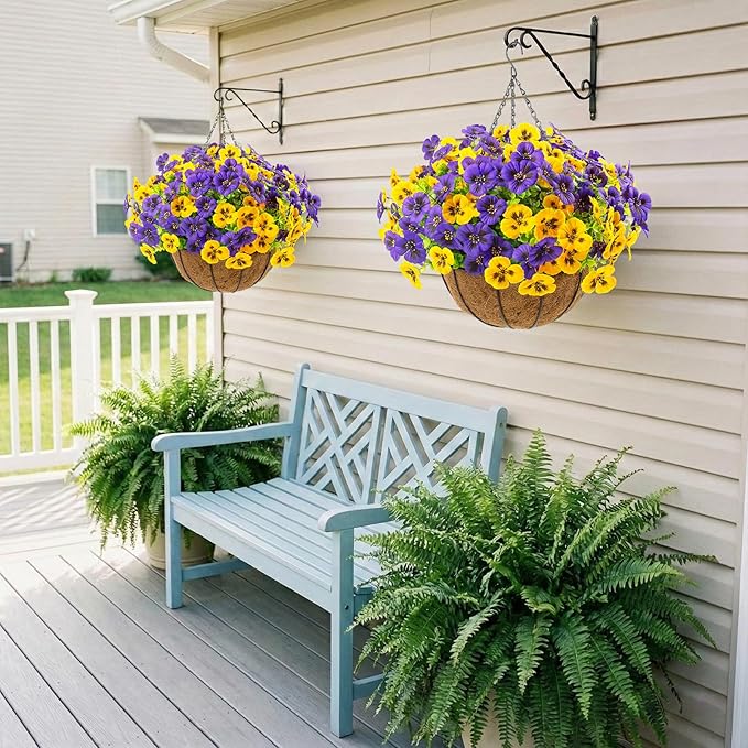 lovemoon 2 Sets Artificial Hanging Flowers with Baskets, 24 Pcs UV Resistant Faux Silk Pansies Outdoor Flower Pots for Porch Patio Garden Home Spring Summer Decor (2, Yellow,Puple)