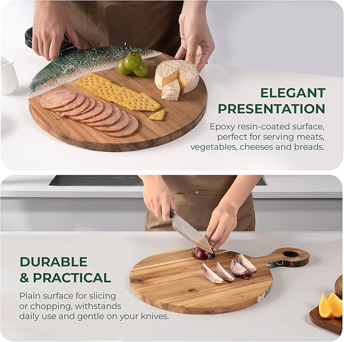Acacia Wood Serving Board with Ocean Resin Art, 14.6" x 10.2" Charcuterie Cheese Tray for Display & Prep, Cutting Board on Back, Includes Stand & Loofah, Christmas Housewarming Gift (Round)