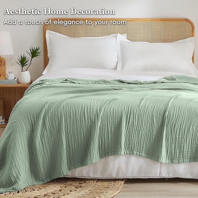 David's Home Soft Muslin Blanket Queen Size for Adults, 60% Rayon 40% Cotton, Breathable Lightweight Cooling Blanket for Hot Sleepers, 4-Layer Cozy Gauze for Bed, 90"x90", Sage Green
