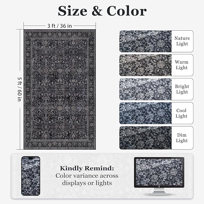 Vintage Dark 3x5 Entryway Rug Indoor Foyer, Earth Tone Farmhouse Throw Rug for Kitchen Bathroom, Machine Washable Non Slip Thin Area Rug for Nursery/Bedroom Bedside/Home Office/Dorm, Midnight