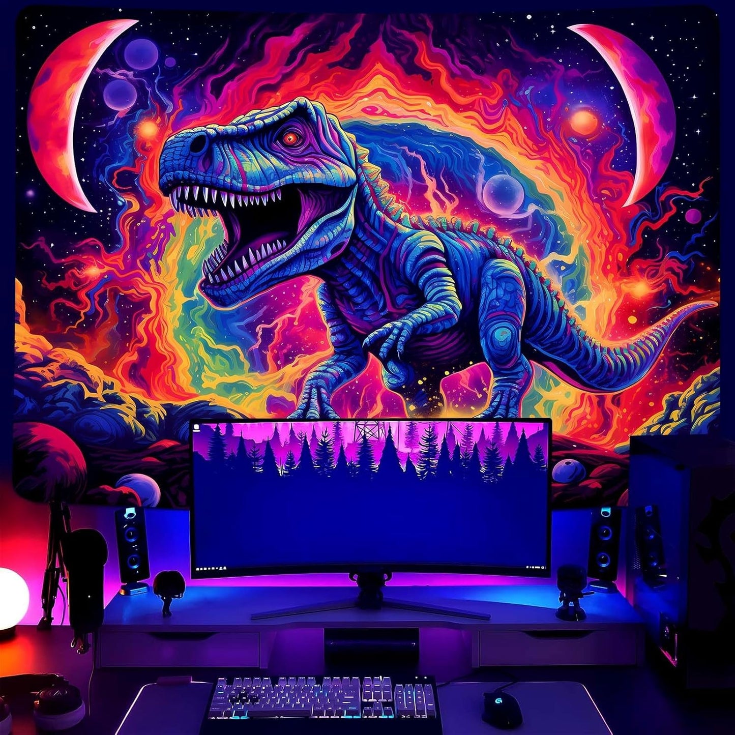 Dinosaur Wall Art, Blacklight Posters for Boys Room, UV Tapestry for Bedroom, Trippy Kids Wall Hanging, Dino Wall Decor (29x37in)