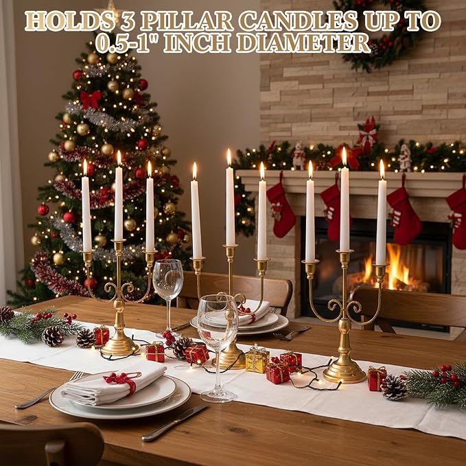 Dandat 3 Pcs 3 Arm Metal Candelabra Candlestick Holders Tall Candlestick Holders Gothic Candle Holder for Home Wedding Church Christmas Party (Retro,11.8 Inch,Gold)