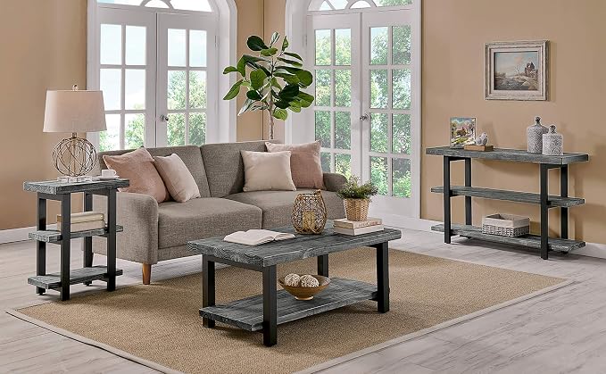 Alaterre Furniture Pomona Solid Wood 3-Tier End Table, Slate Grey, 20” | Small Side Table or Nightstand with Storage Shelf and Metal Legs, Rustic Farmhouse Chair Side Table for Living Room & Bedroom