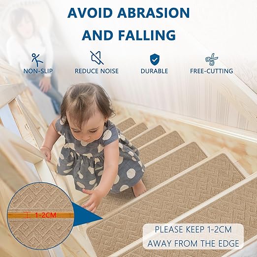 Stair Treads for Wooden Steps Indoor, 15 Pack 8" X 30" Non Slip Carpet Stair Treads with Reusable Adhesive for Kids Elders and Dogs, Surface Polyester TPR Backing Stair Rugs