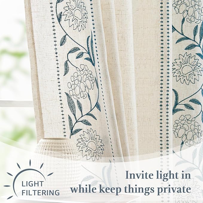 jinchan Winslow Linen Kitchen Curtains 24 Inch Length Small Window Curtains Embroidered Bordered Floral Drapes Light Filtering for Bathroom Laundry Room Farmhouse Decor Blue on Beige 2 Panels