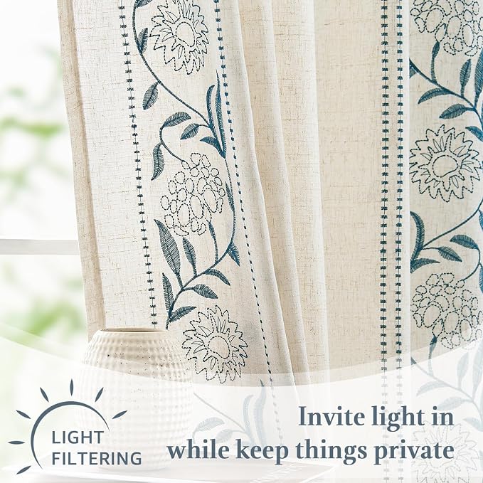 jinchan Winslow Linen Kitchen Curtains 36 Inch Length Small Window Curtains Embroidered Bordered Floral Drapes Light Filtering for Bathroom Laundry Room Farmhouse Decor Blue on Beige 2 Panels