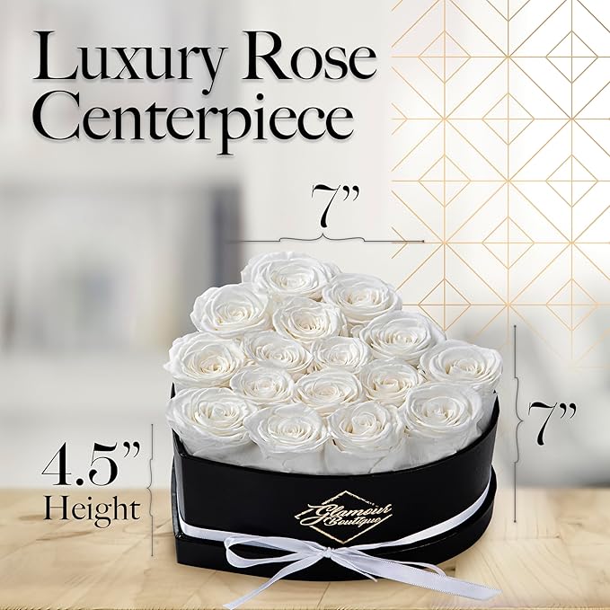 GLAMOUR BOUTIQUE 16 Flower Forever Heart Shape Box, Eternal Preserved Roses Gift for Her, Lasting Flowers, Romantic Floral Keepsake for Birthday, Anniversary or Valentine’s Day, White (Color-Treated)