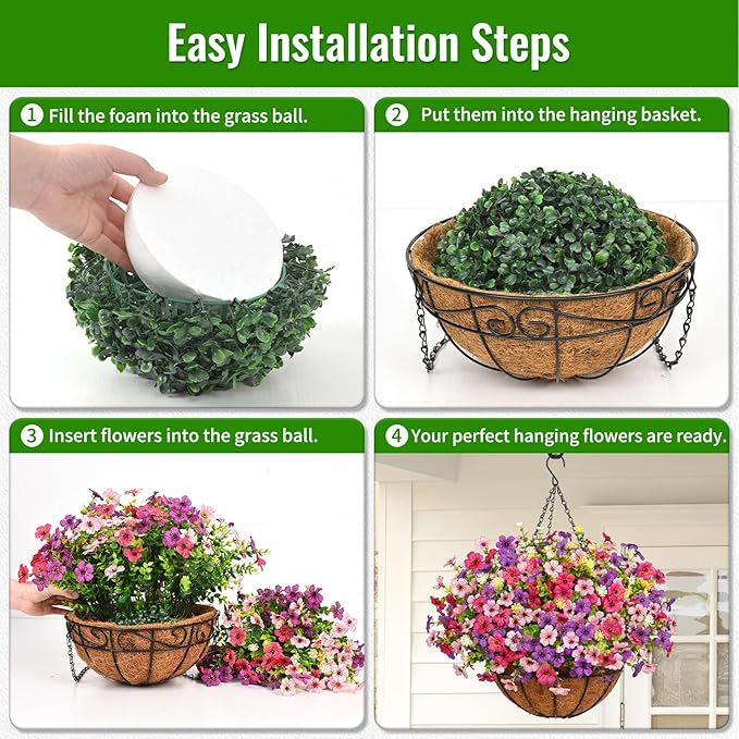 Artificial Hanging Flowers for Outdoors, Fake Hanging Plants with 12" Baskets, 12 Pcs UV Resistant Artificial Hanging Flowers for Decoration Outdoors Garden Patio Porch Yard Spring Summer Decor