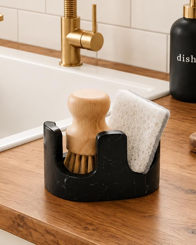 Black Marble Sponge Holder for Kitchen Sink, Dual Slot Stone Caddy, Nero Marquina | 2-in-1 Natural Marble Sponge & Brush Holder, Raised Edge Helps Catch Water, Keeps Countertop Dry, Luxury Kitchen Decor