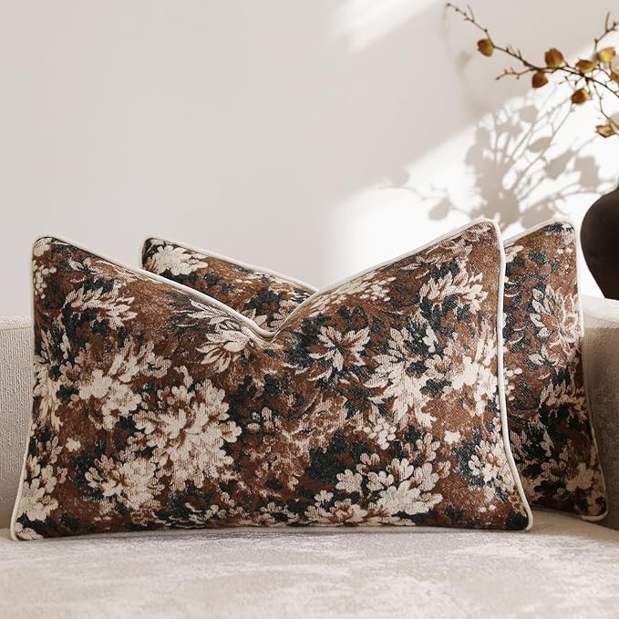 DEZENE Pack of 2 Vintage Floral Pillow Covers 12x20 Boho Farmhouse Accents Chenille Rectangular Lumbar Decorative Throw Pillow Cases for Living Room Couch Bed Home Decor, Dark Brown